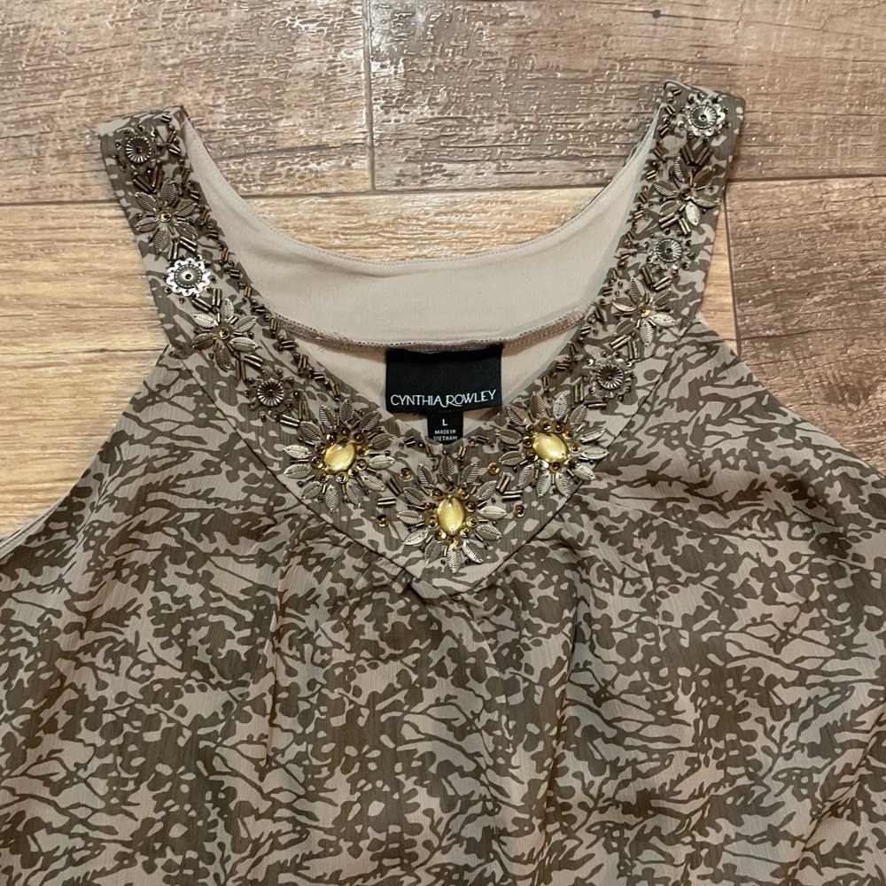 Cynthia Rowley Womens Embellished Chiffon Tank Top Blouse Brown Taupe Size L‎